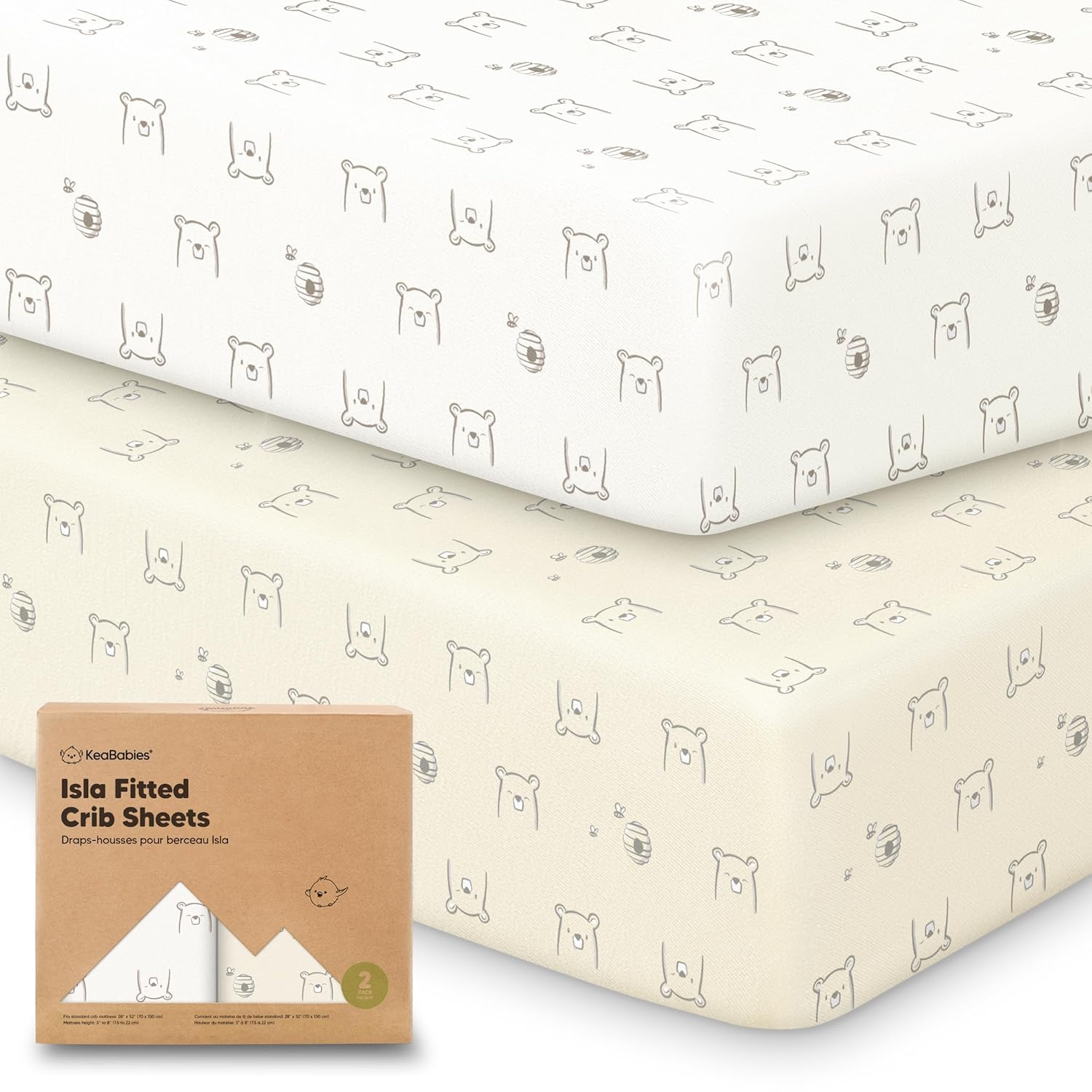 KeaBabies 2-Pack Baby Crib Sheets for Boys, Girls - 52x28 Viscose Derived from Bamboo Toddler Bed Sheets Neutral, Fitted Crib Mattress Cover for Standard Baby Bedding, Soft & Cozy (Bumble Bear)