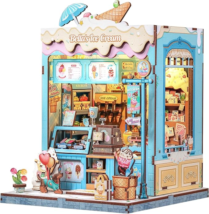 CUTEBEE Book Nook Kit - DIY Miniature House Dollhouse Kit for Adults and Teens, Booknook Tiny House Ice Cream Shop Bookshelf Decor 3D Wooden Puzzle, Gifts for Family, Friends (Bella's Ice Cream)
