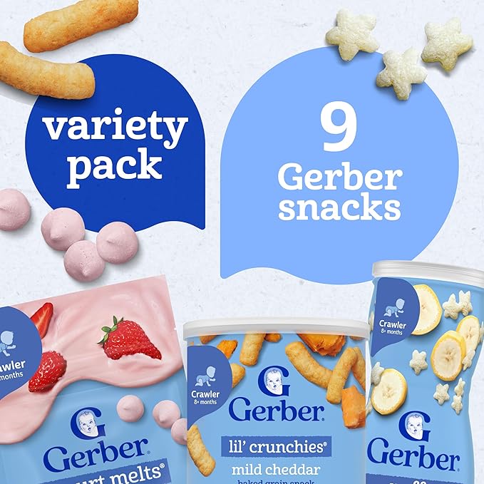 Gerber Strawberry Yogurt Melts, Mixed Berries Yogurt Melts, Banana Puffs, Strawberry Apple Puffs, Mild Cheddar Lil' Crunchies, 9-Pack