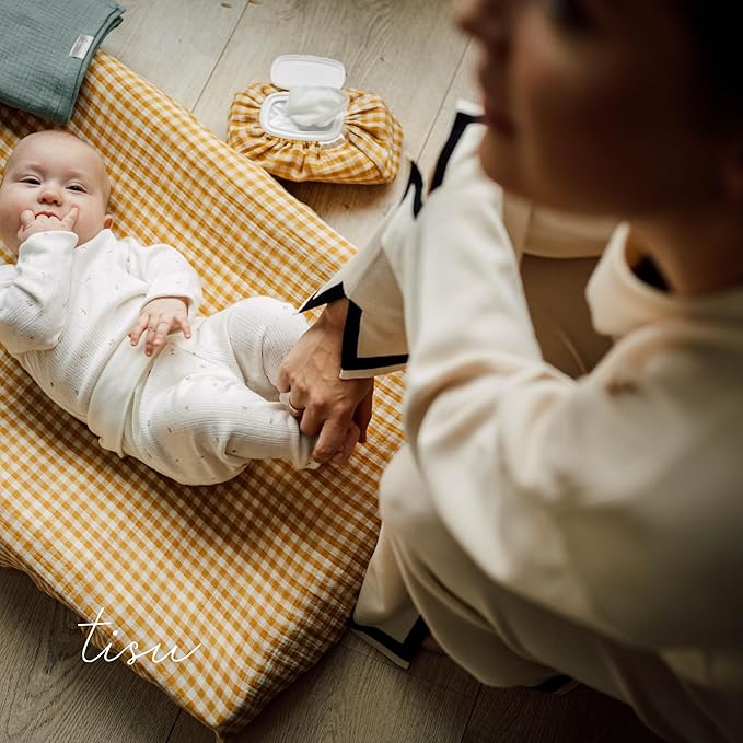 Baby Wipes Cover – Universal Size, One Size Fits All Wipes Packages | Muslin Cotton Tissue Cover for Nursery, Diaper Bag & Changing Table, Station | Gingham & Neutral Patterns (Mustard Yellow Gingham)