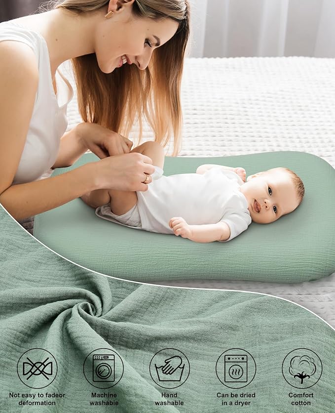 Muslin Baby Lounger Cover for Snuggle Me Organic Lounger/Baby Lounger/Organic Cotton Handmade Cover for Infant/Toddler Lounger/Nursing Pillow(Green, Wheat)