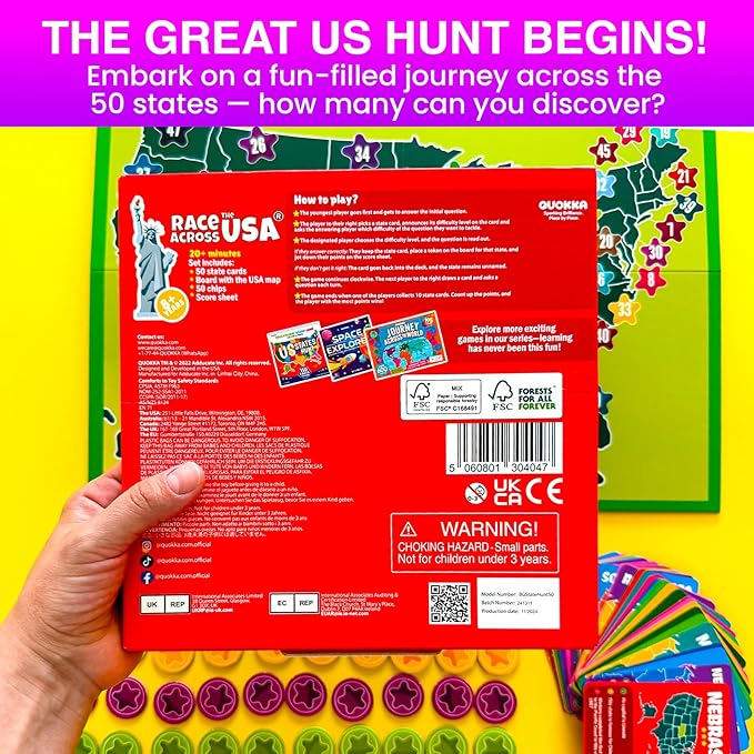 QUOKKA States of America Board Game for Kids Ages 8-12 and Families – Learn US States, Capitals, Landmarks & Fun Facts – Trivia Game with 50 Cards & Map Board – Educational Game for Classrooms or Home