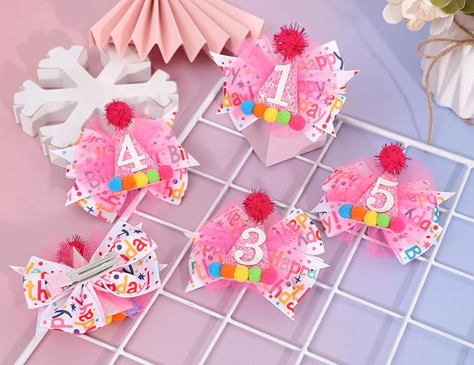 Hot Pink 1st Birthday Hair Bow - Happy Birthday ribbon Bows, Pink Birthday Hat Bows, 1st Birthday Hair Clips for Girls, First Birthday Girls Hair Accessories
