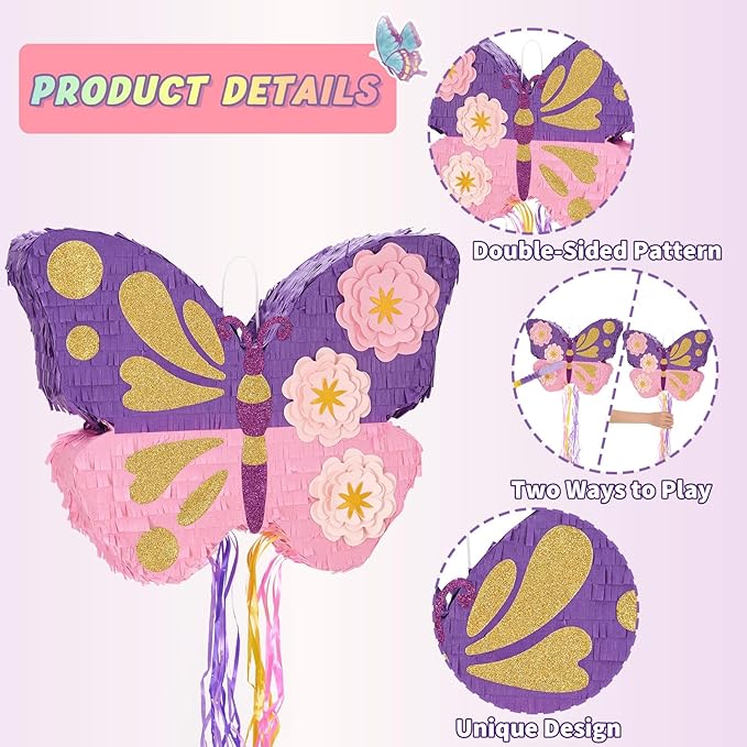 WERNNSAI Butterfly Piñata - Butterfly Birthday Party Supplies Pinata with Stick and Blindfold for Girls Kids Pull String Piñata Family Games Classroom Birthday Party Decorations 16.4” x 12.4”