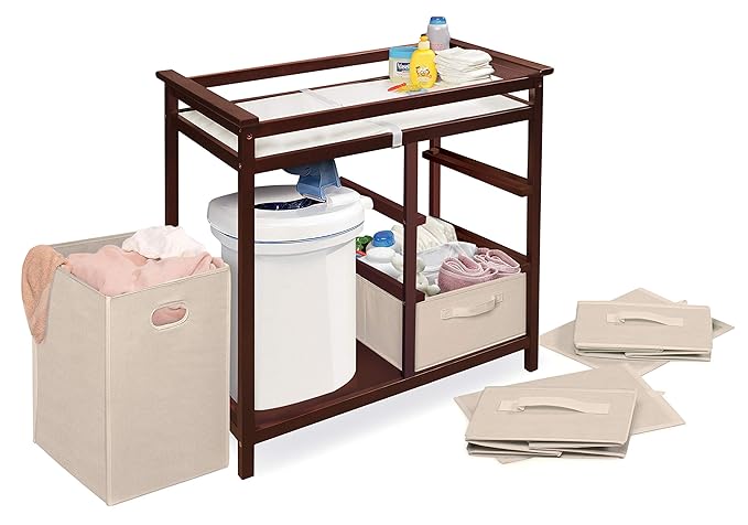 Badger Basket Modern Baby Changing Table with Laundry Hamper, 3 Storage Drawers and Pad, Diaper Change Station - Cherry/Ecru