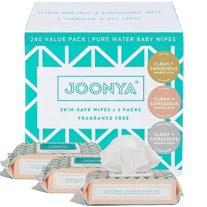 JOONYA Unscented Baby Wipes — Plant-Based, Fragrance-Free Diaper Wipes | Hypoallergenic, Non-Toxic, Compostable & Biodegradable Wet Wipes for Sensitive Newborn Skin | 3 Packs of 80 Wipes (240 Total)