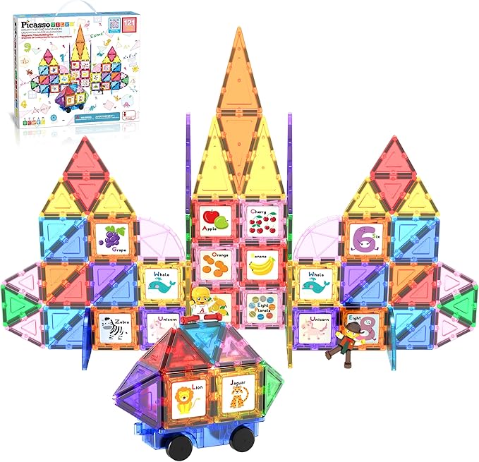 PicassoTiles 121 pc Master Builder Magnetic Building Block Construction Set Magnet Tiles Blocks with Car Truck, 2 Character Action Figures, 28 Educational Alphabet Animal and Number Graphics, Windmill