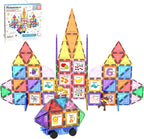PicassoTiles 121 pc Master Builder Magnetic Building Block Construction Set Magnet Tiles Blocks with Car Truck, 2 Character Action Figures, 28 Educational Alphabet Animal and Number Graphics, Windmill