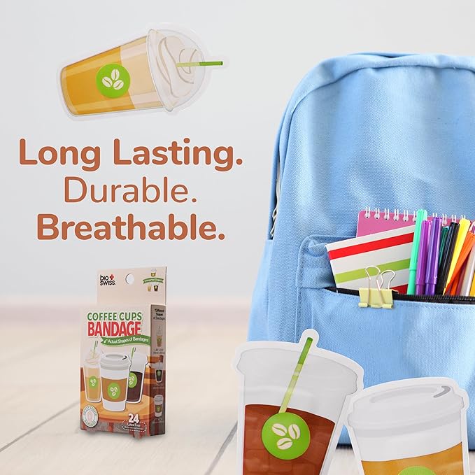 BioSwiss Bandages, Coffee Cup Shaped Self Adhesive Bandage, Latex Free Sterile Wound Care, Fun First Aid Kit Supplies for Kids, 24 Count