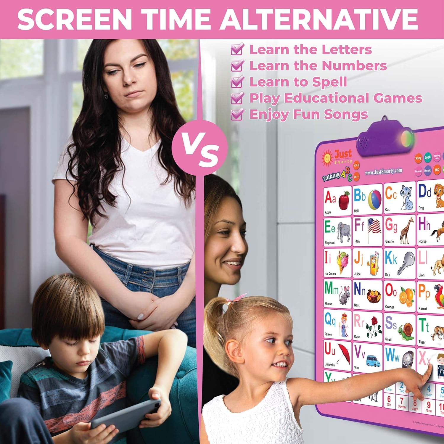 Just Smarty Interactive Alphabet Wall Chart | Talking ABCs & 123s Music Poster with Interactive Light | Toddler Alphabet Learning | Educational Toys for 3 Year Old Girls | Toddler Girl Toys 2 3 4 5