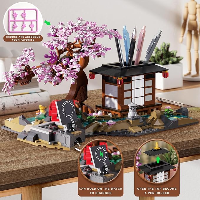 Japanese Garden Building Set, Cherry Blossom Bonsai Tree House Building Block for Adults Japanese Tranquil Garden for Home and Office Decoration Set (916 PCS)