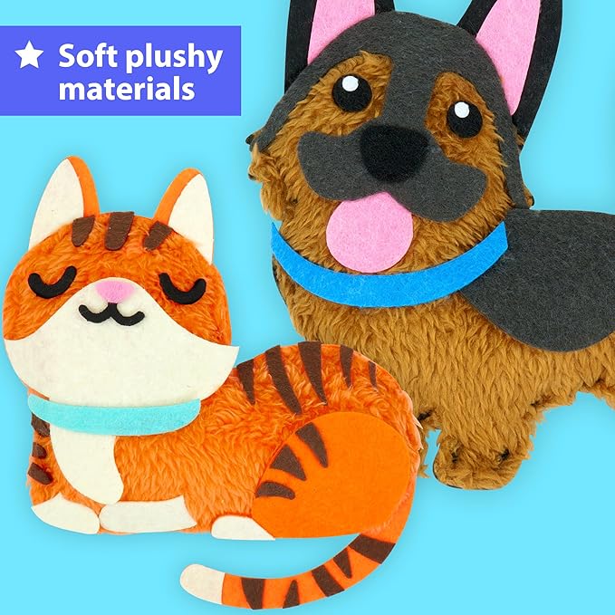 KRAFUN Easy Sewing Kit for Beginner Kids Arts & Crafts, 8 Easy DIY Projects of Stuffed Animal Dolls of Puppies & Kittens, Dogs and Cats, Instructions & Felt, Gift for Girls, Boys, Learn to Sew