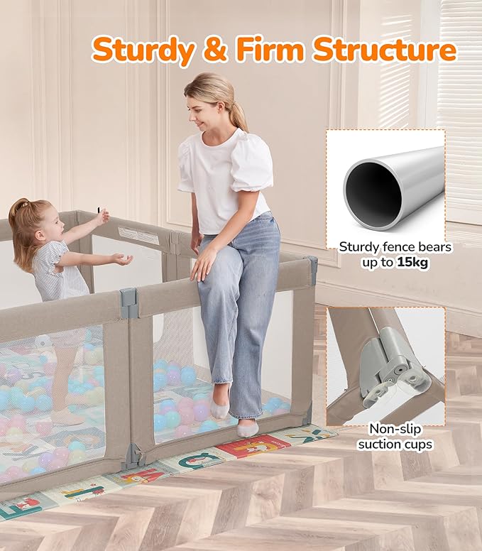 Dripex Foldable Playpen for Babies and Toddlers, 71"×69" Extra Large Baby Playpen, Indoor & Outdoor Safety Gate Collapsible Play Pen, Baby Fence Play Area with Visible Mesh, Khaki