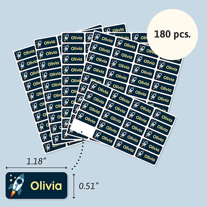 Personalized Name Labels for Kids (180) – Custom Waterproof & Durable Stickers for Clothing, Daycare, Office & School Supplies - Space