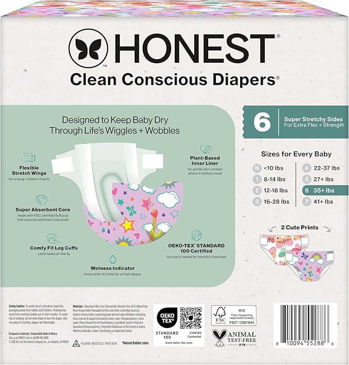 The Honest Company Clean Conscious Diapers for Delicate Skin | Up to 100% Leakproof | Hypoallergenic, Fragrance Free | Girl Prints | Club Box, Size 6 (35+ lbs), 40 Count (Prints May Vary)