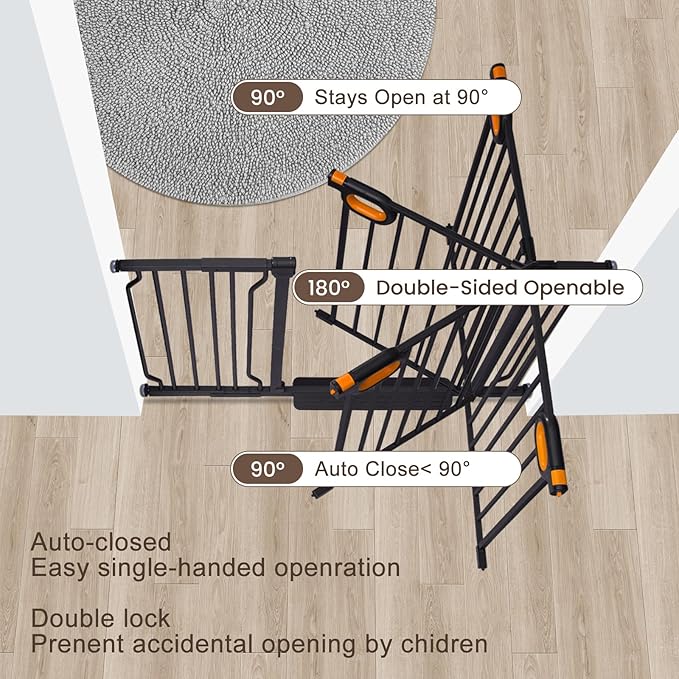 owlie 37.4" Extra Tall Wide Baby Gate for Stairs Doorways,66-75 Inch Extra Large Long Baby Gate with Door Indoor Safety Metal Pressure Mounted Pet Gate with Walk-Thru Auto Close, Black