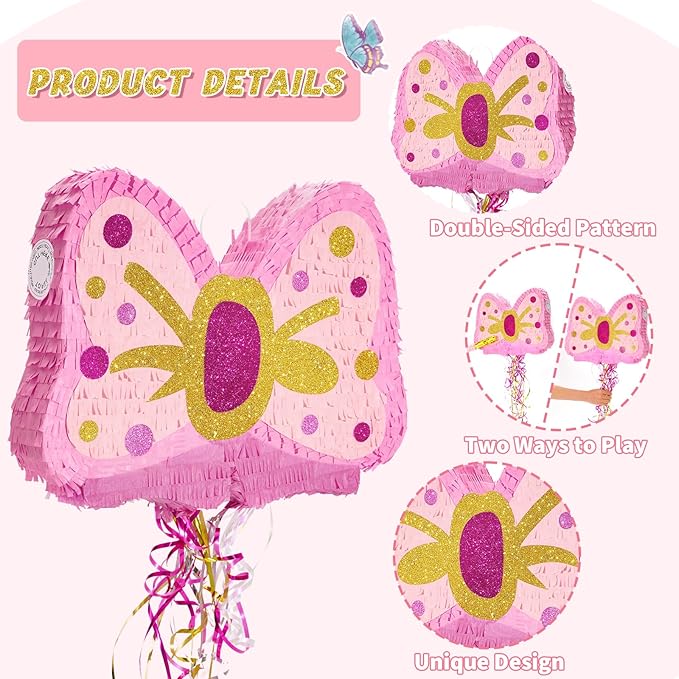 WERNNSAI Pink Bow Piñata - Girls Birthday Party Decoration Bow Tie Piñata with Blindfold and Bat for Kids Princess Theme Party Supplies favors