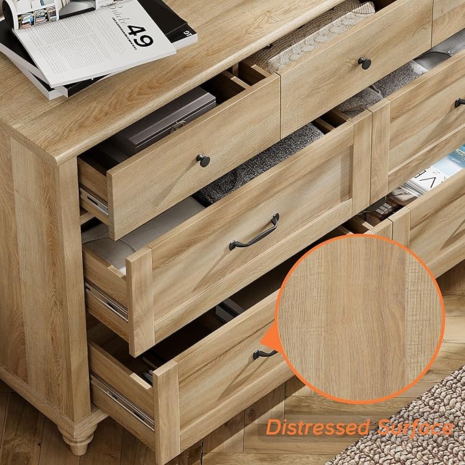 WAMPAT Wide Kids Dresser with 7 Drawers for Bedroom, Farmhouse Baby Dresser for Nursery & Kids Room, Wooden Chests & Dressers Closet Organizer for Children's Bedroom, 54 Inch, Oak