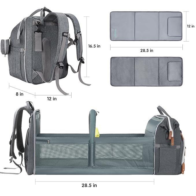 DERJUNSTAR Baby Diaper Bag Backpack with ChangingStation-Large Capacity Baby Bag for Boys & Girls, USBCharging Port, Pacifier Case, sunshade & Toy Bar,Waterproof， Pale Grey