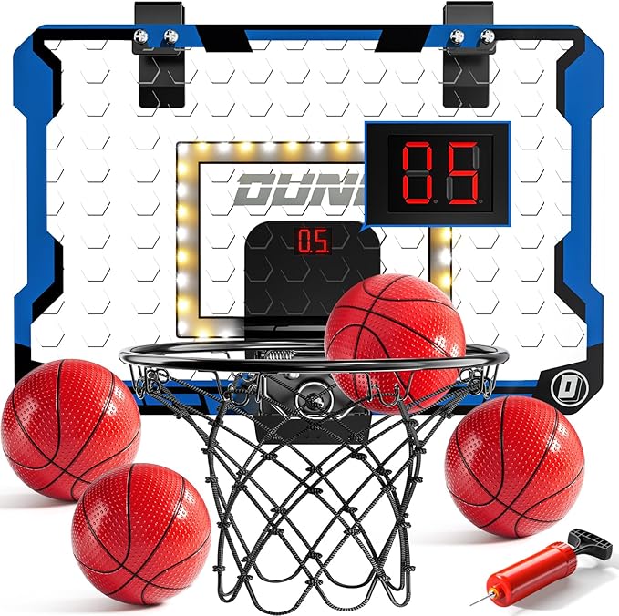 Indoor Basketball Hoop for Kids, Over The Door Mini Basketball Hoops, LED Light Mini Hoop with Scoreboard & 4 Balls, Kids Basketball Hoop Sport Toys Gifts for 5 6 7 8 9 10 11 12+Year Old Boys