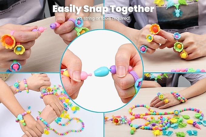 BIRANCO. Deluxe Beading Set with 350+ Pop Beads Include Butterfly, Bee, Dragonfly with Transparent Wings, and Ladybug Jewelry Making Kit for Kids Ages 3-8