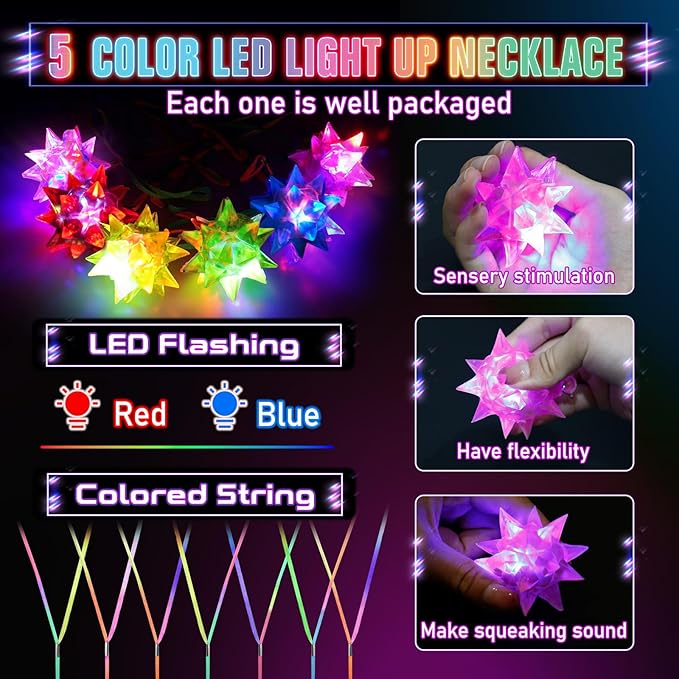 HONLYNE24 PCS Flashing Crystal Star Necklaces, Glow Necklaces Bulk Light up Party Favors, LED Glow in The Dark Necklaces for Kids Adults Birthday Glow Party Rave Halloween Goodie Bags Filler