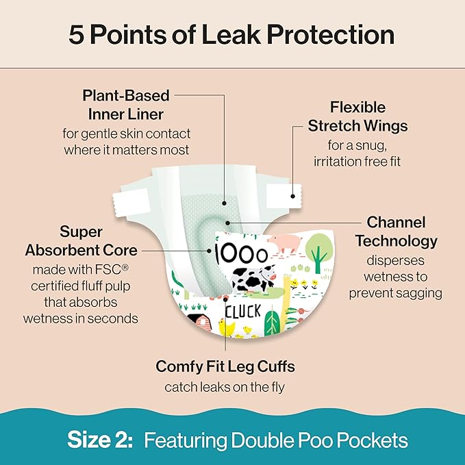 The Honest Company Clean Conscious Diapers for Delicate Skin | Up to 100% Leakproof | Hypoallergenic, Fragrance Free | Gender Neutral | Super Club Box, Size 2 (12-18 lbs), 124 Count (Prints May Vary)