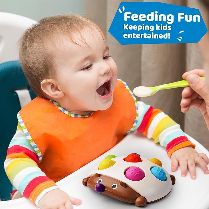 LiKee Fidget Popper Sensory Baby Toys for 10+ Months, Push and Popping Busy Board, Montessori Toys for 1+ Years Old, Airplane Car Travel Toy for Toddlers 1-3 Stress Relief (Hedgehog)