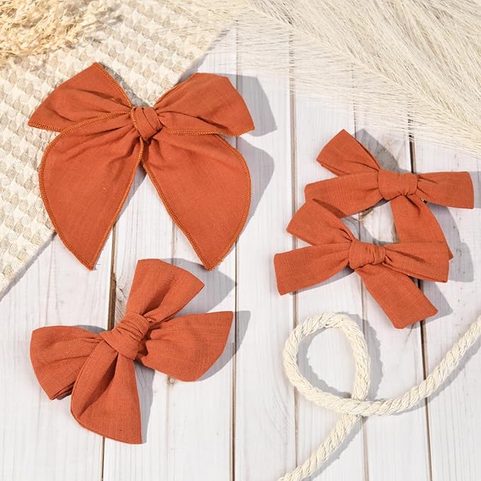 DEEKA 4 PCS Burnt Orange Cotton Linen Hair Bows 3 Styles 5" & 4" Handmade Hair Bow set for Toddler Girls Alligator Hair Clips Knot Bows Hair Accessories for Little School Girls (Burnt Orange)