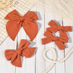 DEEKA 4 PCS Burnt Orange Cotton Linen Hair Bows 3 Styles 5" & 4" Handmade Hair Bow set for Toddler Girls Alligator Hair Clips Knot Bows Hair Accessories for Little School Girls (Burnt Orange)