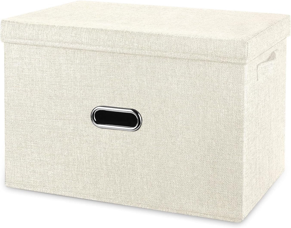 Large Linen Fabric Foldable Storage Bins with Removable Lid and Handles, Washable Storage Box Organizer Containers Baskets Cube with Cover for Bedroom,Office(Cream, Extra Large)