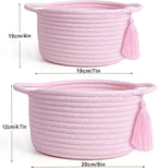 Small Cute Empty Gift Basket Little Woven Rope Organizer Baskets for Baby Shower Gifting, Makeup Brushes Holder, Bathroom- Decorative Vanity Storage Bins - 2 Pack, Pre-Shaped, Pastel Pink