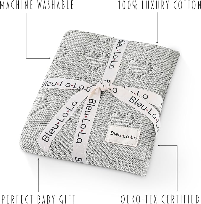 Heirloom Knit Heart Receiving Unisex Blanket for Boys and Girls - 100% Luxury Cotton Baby Blanket - Soft Warm Swaddle Receiving Blanket for Newborns Infants & Toddlers (Dove Grey)