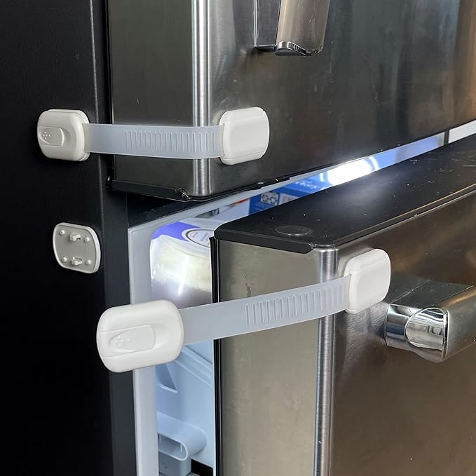 Vmaisi Baby Proofing Cabinet Locks - Childproofing Adjustable Multi Use Straps Latches for Drawers, Fridge, Dishwasher, Toilet Seat, Cupboard, Closet, Oven,Trash Can, Adhesive No Drilling (White) (4)