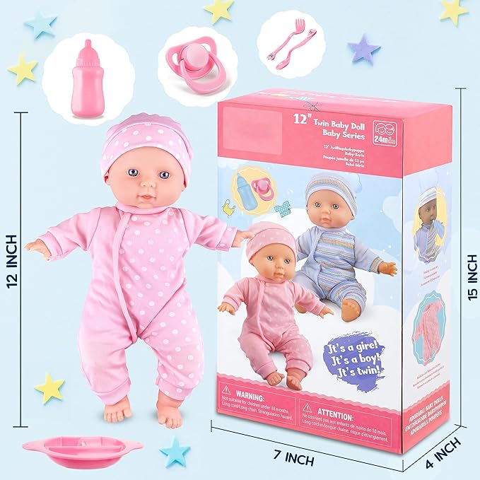 Toy Choi's Twin Baby Dolls - 12 inch Two Soft Body Black and White Doll with Accessoires, Dolls Play Set for 2 3 4 5 Year Old Boys and Girls Gift | Pink Outfit Doll Set