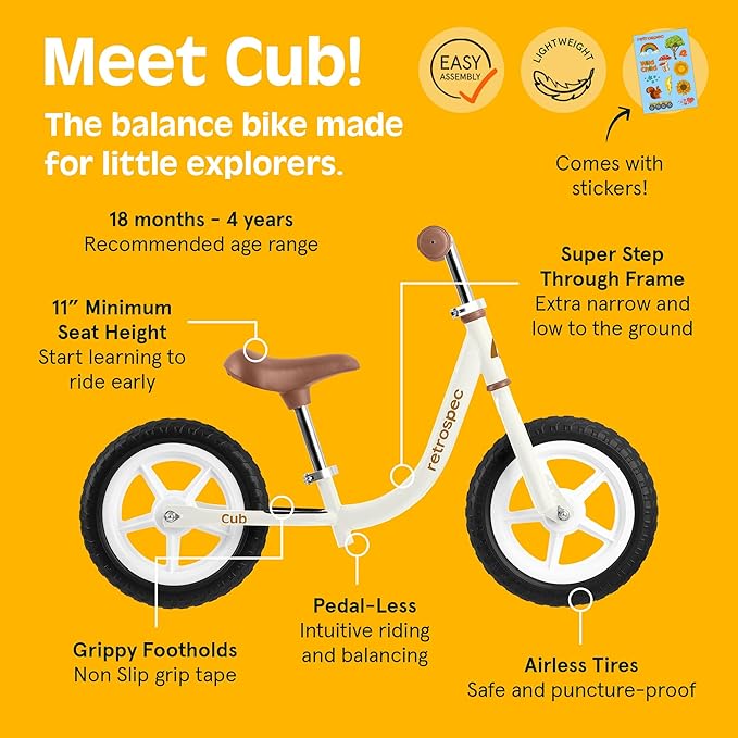 Retrospec Cub Toddler 12" Balance Bike, 18 Months - 3 Years Old, No Pedal Beginner Kids Bicycle for Girls & Boys, Flat-Free Tires, Adjustable Seat, & Durable Frame