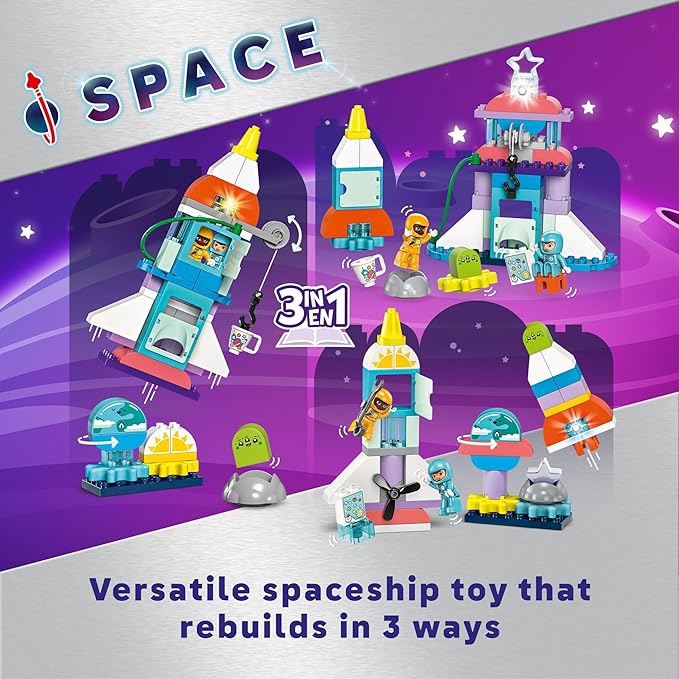 LEGO DUPLO 3 in 1 Space Shuttle Adventure Rocket Ship Building Set, Kids Educational Space Discovery Toy for 3-Year-Olds and Up, Develops Preschool Kids’ Learning and Fine Motor Skills, 10422