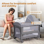 JOYMOR 9 in 1 Bedside Bassinet with Changing Table, Pack and Play with Bassinet, Convert to Rocking Baby Bed with Electric Music Center, Mosquito Net, Storage, Gray