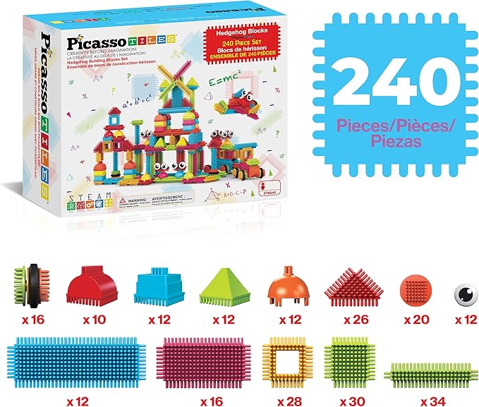 PicassoTiles 240pcs Hedgehog Interlocking Building Shape 3D Blocks, STEAM Educational, Creative, Fun Construction Playset, Sensory Toy Gift for Preschool and Kindergarten Kids, Ages 3 and Up, PTB240