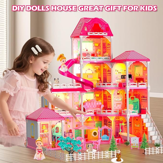 DIY Dolls House for Girls - 4-Level 10-Room Villa with 2 Dolls, 4 Dogs & Rich Accessories, DollsHouse Toys for Kids 4-8 Years Old