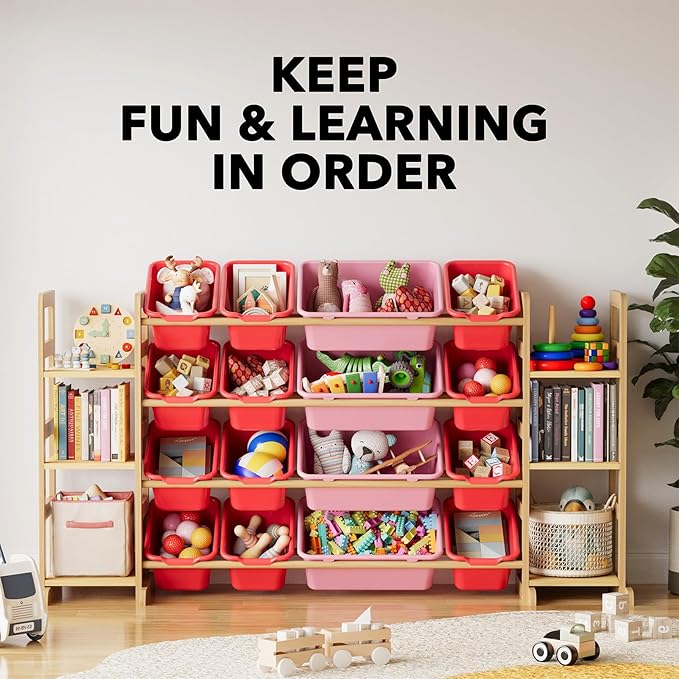 SpaceAid Toy Storage Organizer with 6 Shelves and 16 Bins, Toy Organizers Storage Bookshelf, Kids Bin Shelf Toys Box Bookcase for Bedroom Playroom Organization Room Decor, Red and Pink