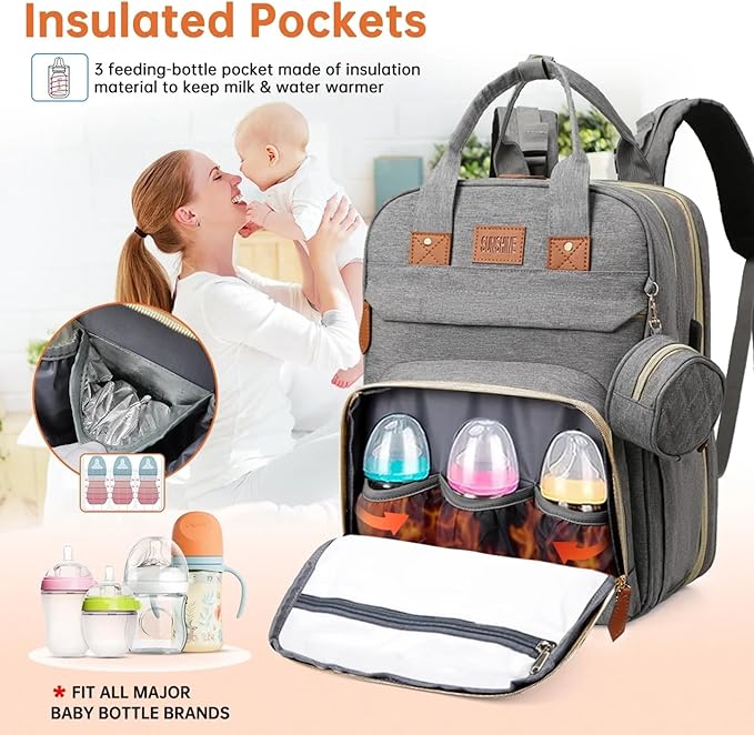 Diaper Bag Backpack – Large Waterproof Baby Bag with USB Charging Port, Changing Pad & Stroller Straps – Stylish, Durable & Hands-Free Travel Organizer for Moms & Dads (Grey)