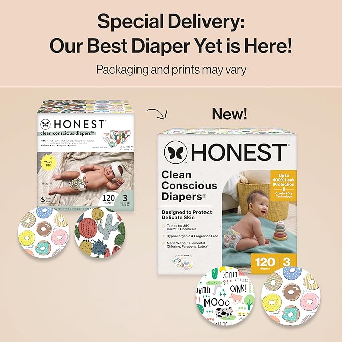 The Honest Company Clean Conscious Diapers for Delicate Skin | Up to 100% Leakproof | Hypoallergenic, Fragrance Free | Gender Neutral | Super Club Box, Size 3 (16-28 lbs), 120 Count (Prints May Vary)