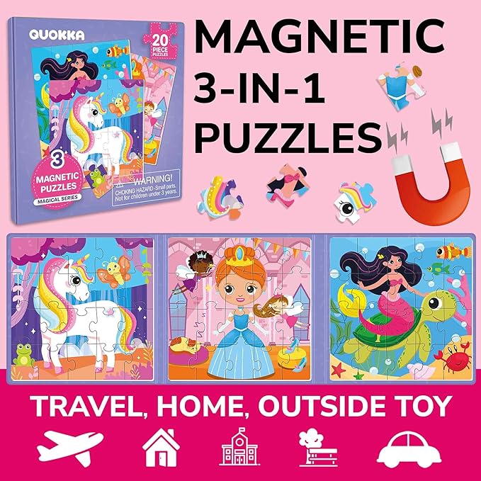 QUOKKA Magnetic Toddler Puzzles Ages 2-4 – 24 Pieces Kids Puzzles Ages 3-5 – Travel Games and Toys for Kids 4-6 Girls – Car Airplane Road Trip Activities with Unicorn, Princesses, Fairies and Mermaids