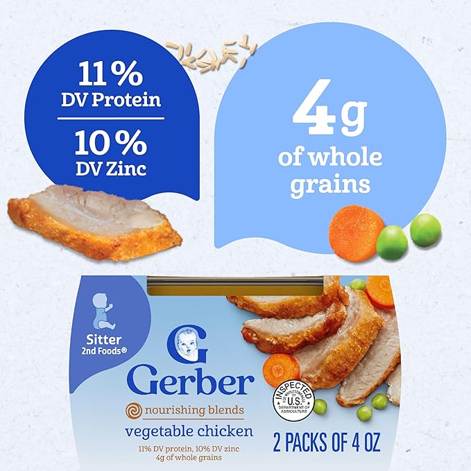 Gerber Baby Food 2nd Foods, Dinner, Vegetable & Chicken Puree, 4 Ounce Tubs, 2-Pack (Pack of 8)