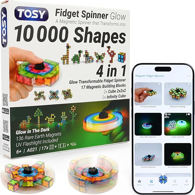 TOSY Magnet Fidget Spinner Glow - 16 Blocks, 3 in 1 Toy: Transformable Fidget Spinner, Infinity Cube, 2x2 Puzzle Cube, Glow, Stress Relief, STEM Magnet Tiles Birthday Gift for Kids/Boys/Girls/Adults