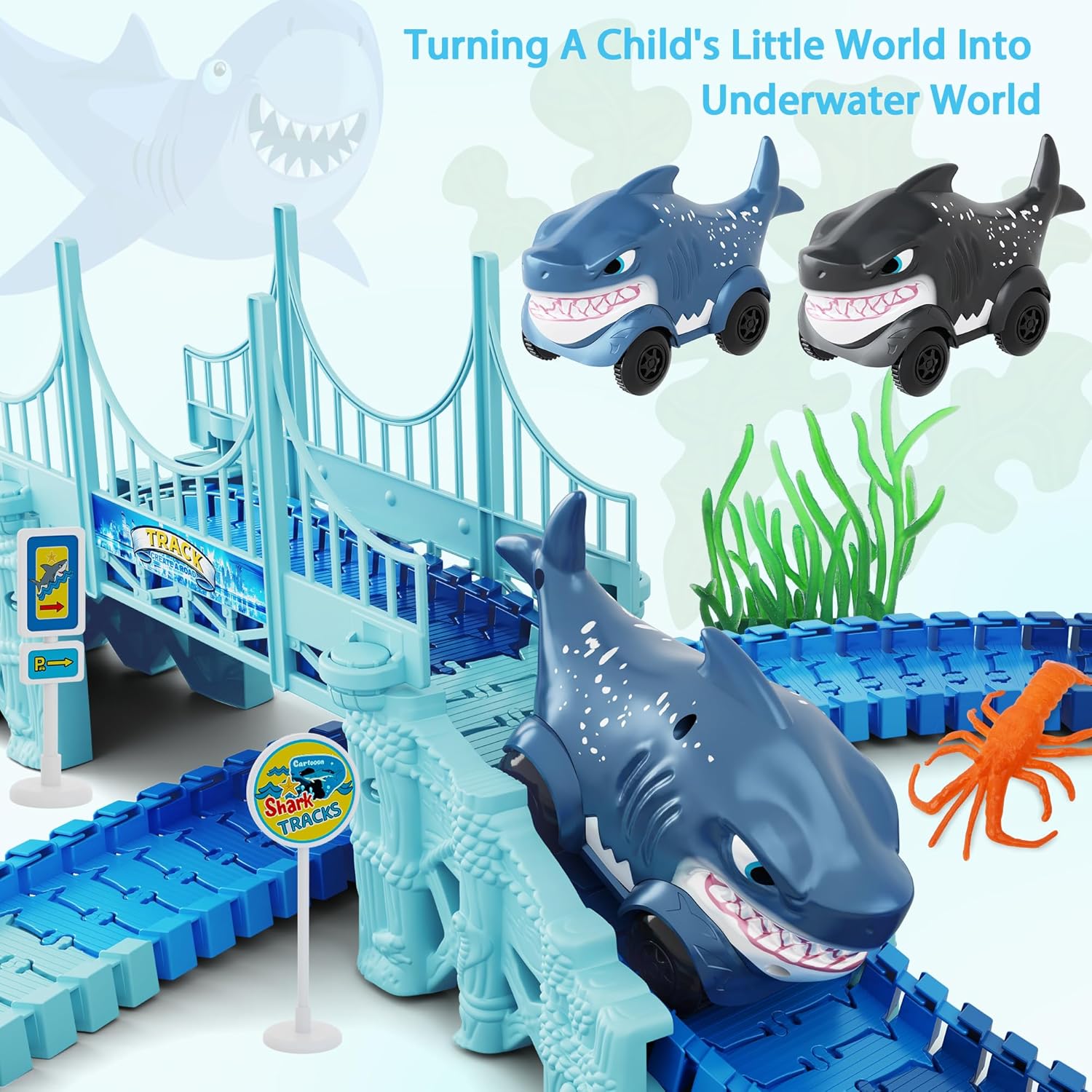 Track Race Car Toys for Kids, Create A Ocean World Race Road, Flexible Tracks Playset & 2PCS Cool Shark Cars, Toddler Toys Birthday Gifts for Age 3 4 5 6 Year Old Boys Girls