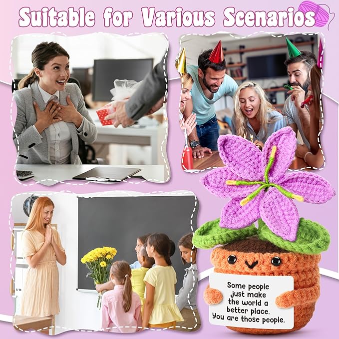 Handmade Grateful Crochet Purple Lily Flower Doll with Appreciation Card – Thank You Gift for Women, Friends, Coworkers, Teachers, Nurses for Her Birthday, Mother’s Day, Christmas.