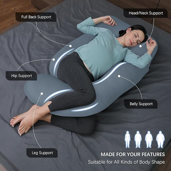 MOON PARK Pregnancy Pillows for Sleeping - U Shaped Full Body Maternity Pillow with Removable Cover - Support for Back, Legs, Belly, HIPS - 65 Inch - Grey - Cooling Cover