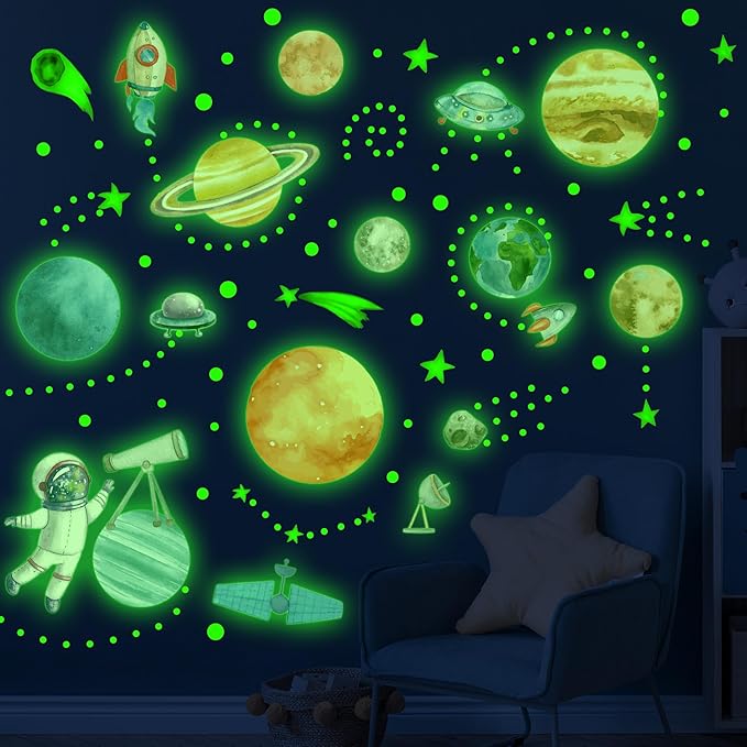 Watercolor Solar System Wall Decals, Glow in The Dark Stars, Kids Planets Sticker for Ceiling, Astronaut Wall Stickers for Bedroom（Green）